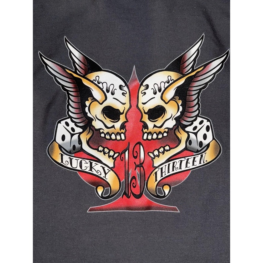 Vintage Lucky 13 Red Kap Shirt Medium Gray Stiched Logo Skulls Dice Ace‎